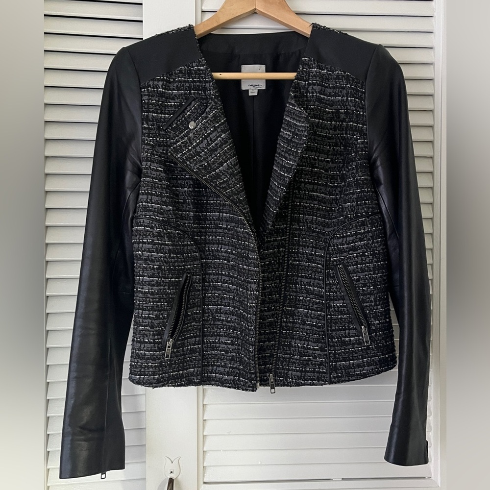 Halogen Tweed and Faux Leather Moto Jacket in Black and Gray Sz S